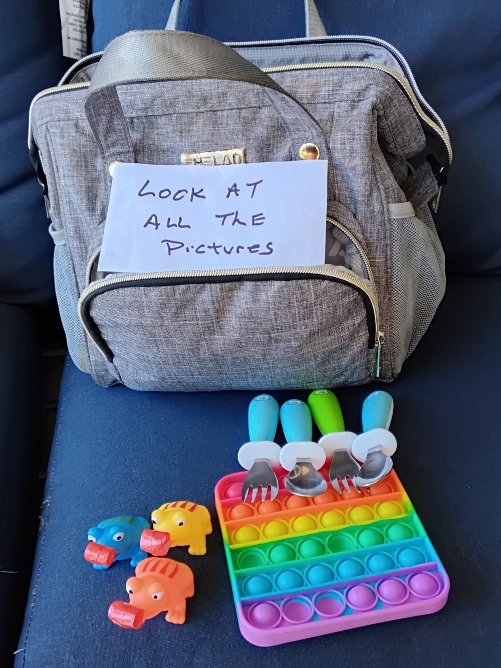 Gray Kids Activity/Diaper Tote with Rainbow Pop-It and Utensil Set